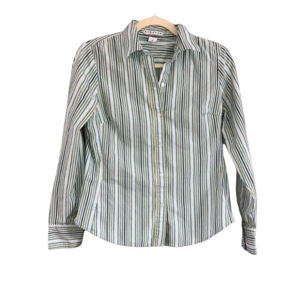 Gap Womens Medium Stretch Striped Button-Up Shirt Blue Green - Picture 1 of 6